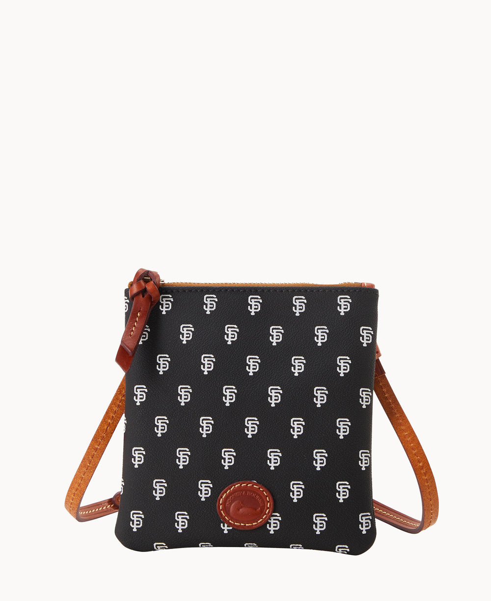 A small black crossbody bag with brown leather strap and trim, featuring a repeated white SF logo pattern and a brown leather logo patch on the front.