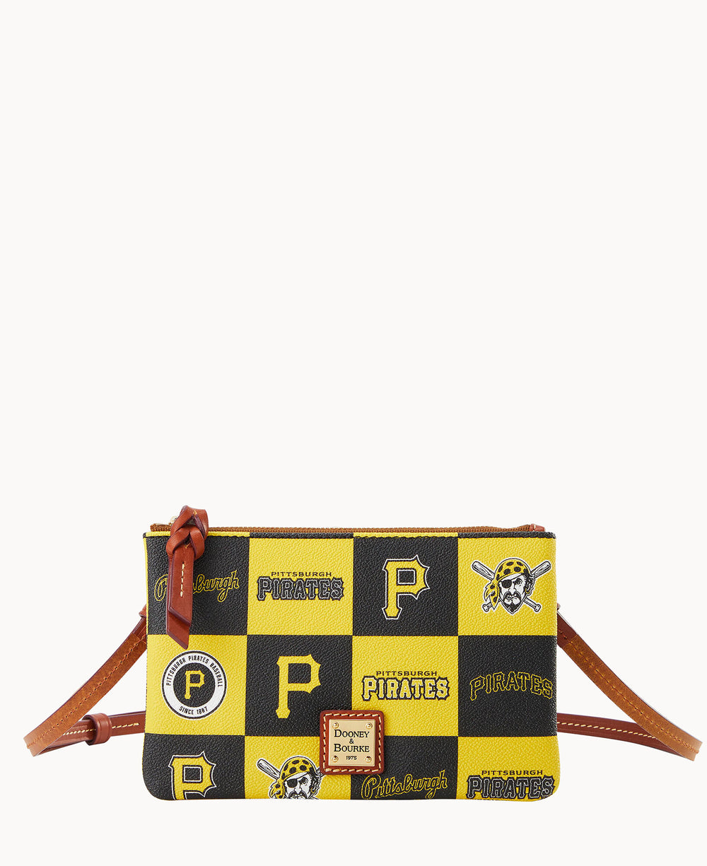 A Dooney & Bourke wristlet with a brown leather strap, featuring a yellow and black checkerboard pattern with Pittsburgh Pirates logos and script throughout.