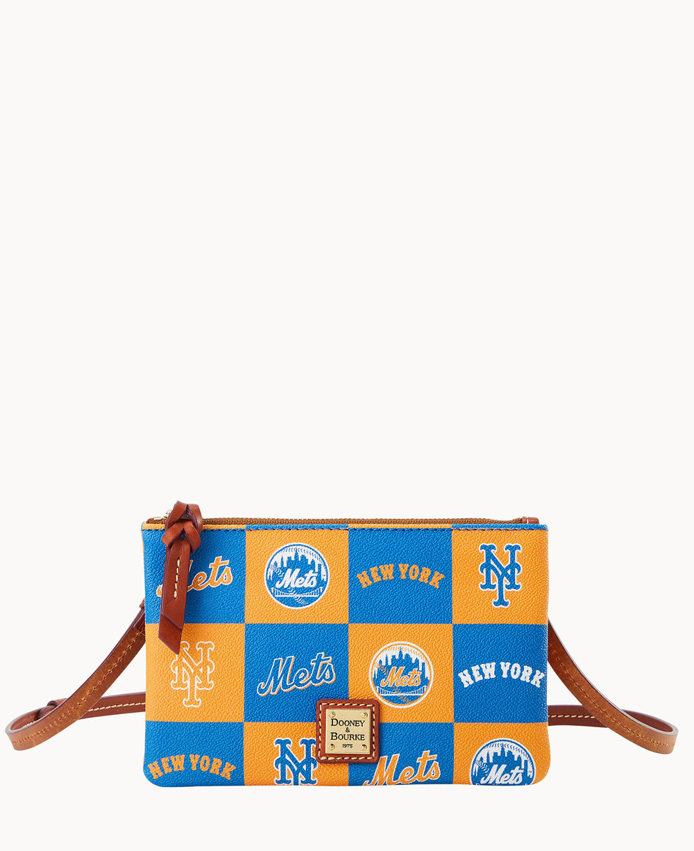 A small crossbody bag with a blue and orange checkerboard pattern featuring New York Mets logos, Mets text, and NY initials. The bag has a brown leather strap and trim with a Dooney & Bourke label on the front.