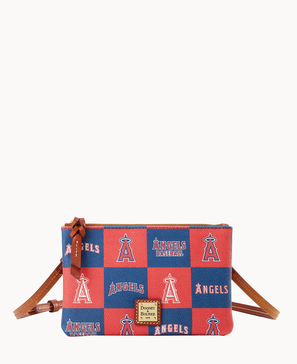 A small crossbody bag with a red and blue checkerboard pattern featuring Los Angeles Angels logos and text, brown leather strap and trim, and a Dooney & Bourke label on the front.