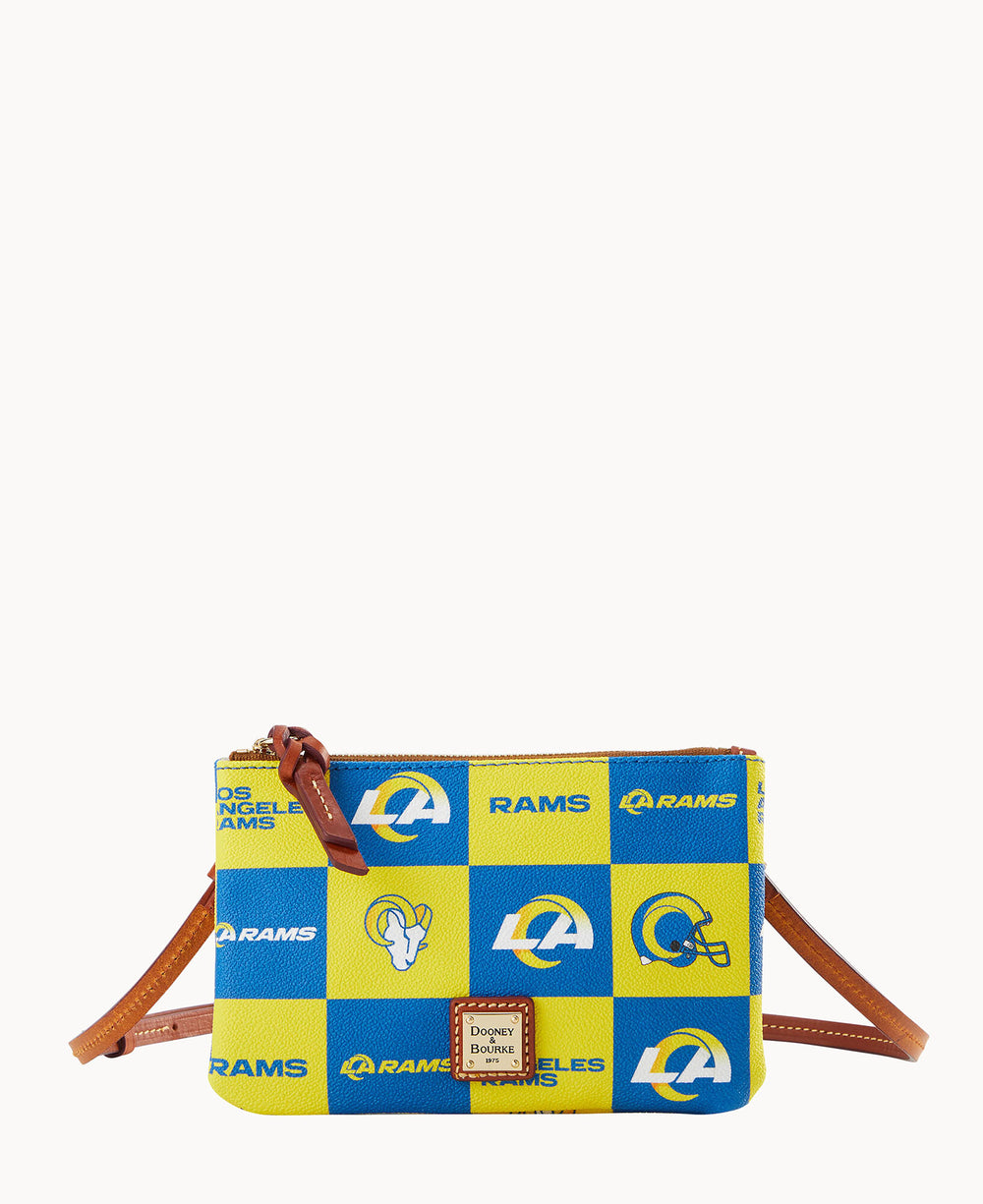 A small crossbody bag with brown leather straps featuring a blue and yellow checkered pattern, Los Angeles Rams logos, and the Dooney & Bourke label on the front.