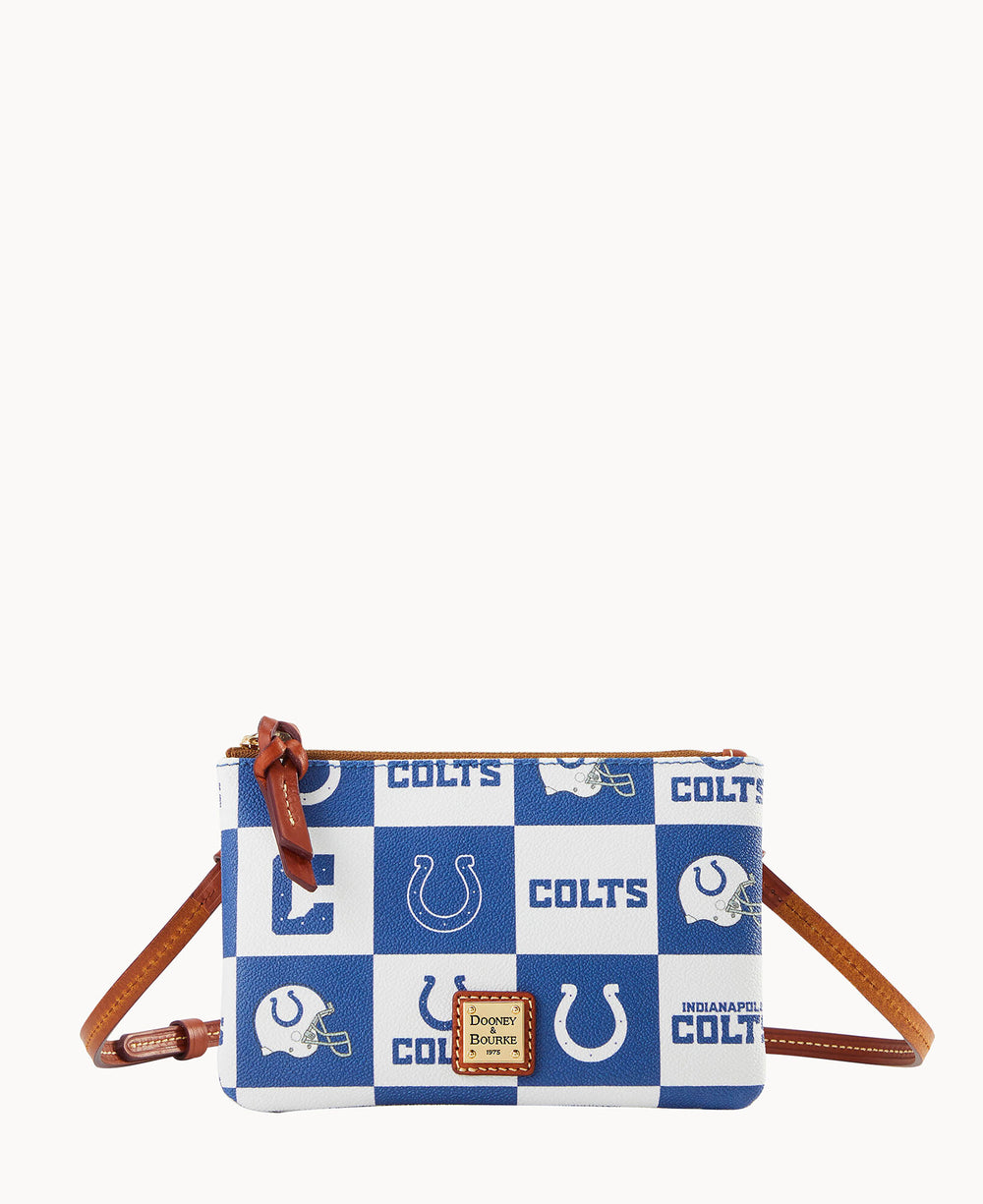 A small crossbody purse with a brown leather strap, decorated in a blue and white checkerboard pattern featuring the Indianapolis Colts logo, helmet, and the word â€œCOLTS.â€.