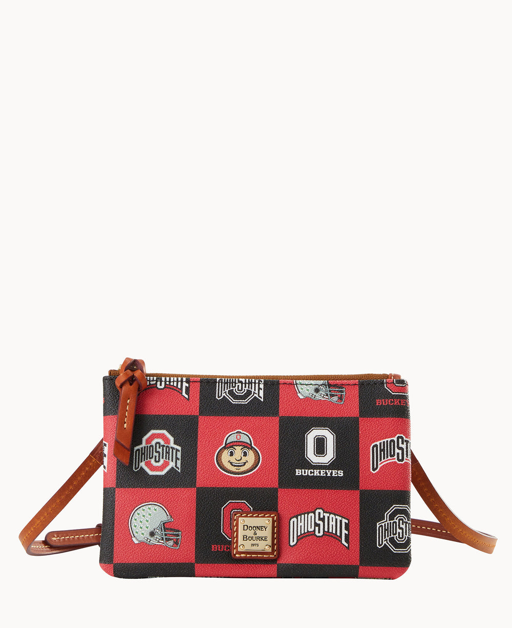 A small crossbody bag with a brown strap, featuring a red and black checkered pattern with various Ohio State Buckeyes logos and symbols.