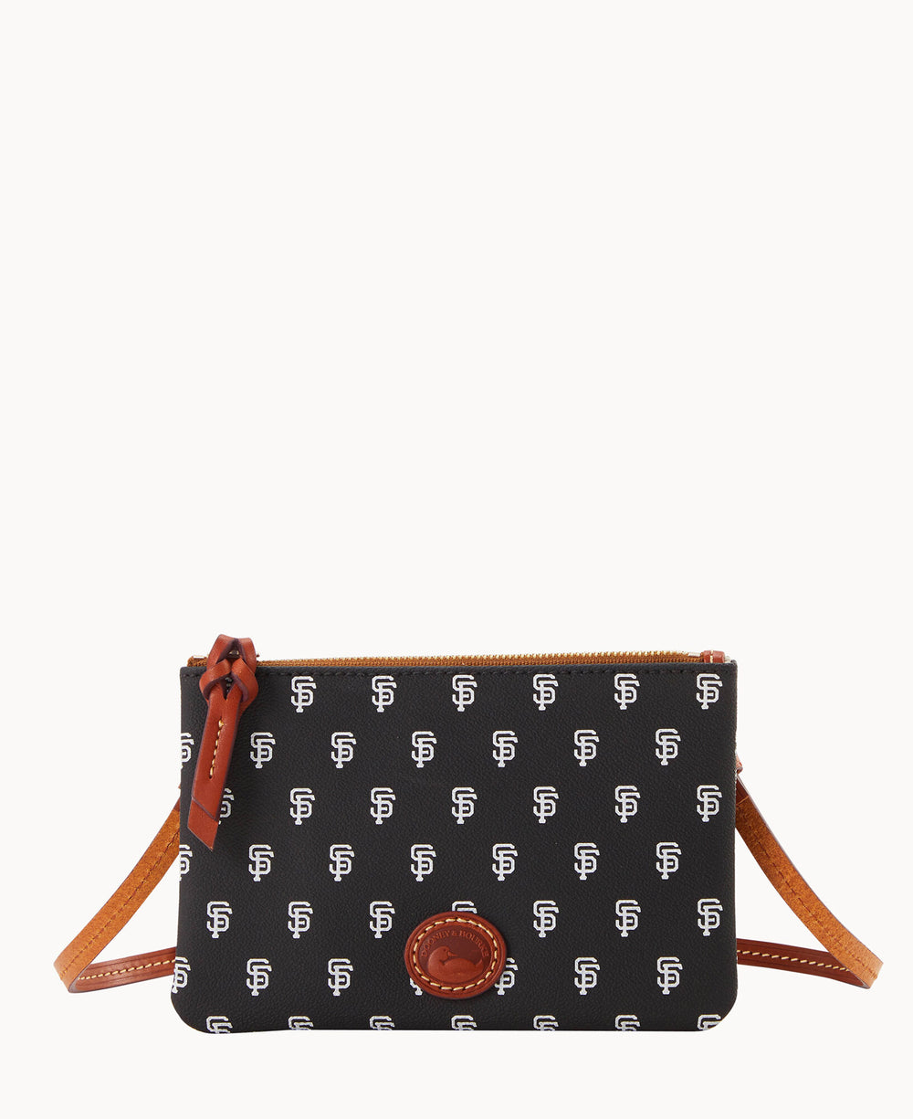 A small black crossbody bag with brown leather trim and strap, featuring a repeating white â€œSFâ€ pattern and a brown leather logo patch on the front.