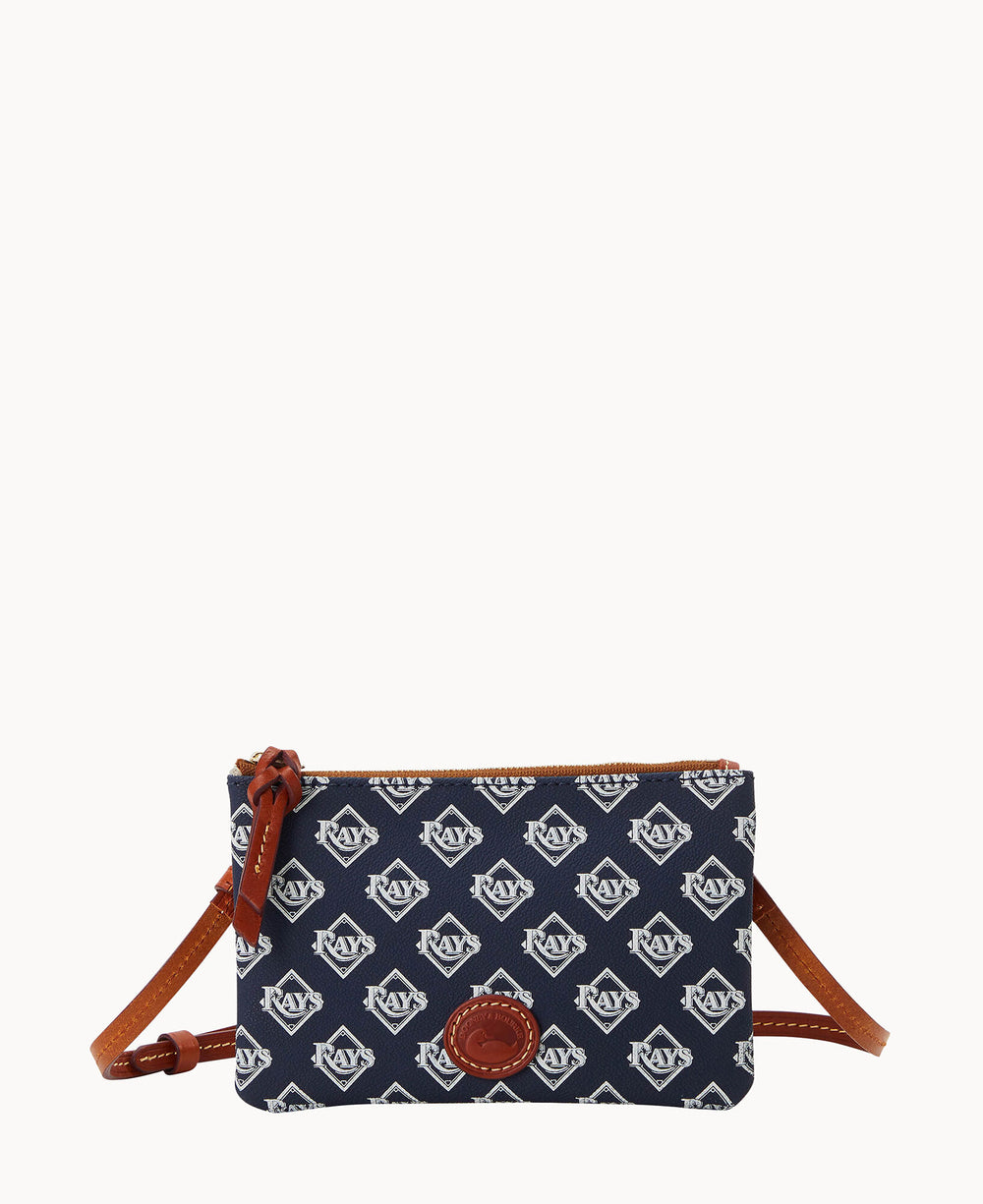 Navy blue Tampa Bay Rays crossbody bag featuring repeating team logos with brown leather strap