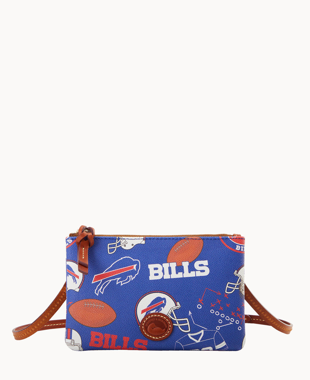 A blue crossbody bag with brown straps, featuring Buffalo Bills logos, football helmets, and football graphics in red, white, and blue.
