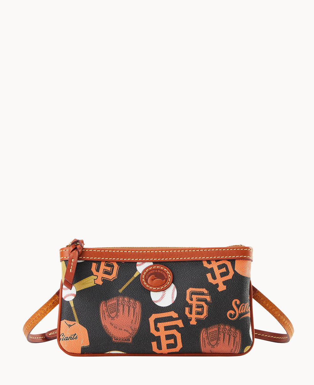 Black San Francisco Giants crossbody bag featuring orange SF logos, baseball gloves, and brown leather strap