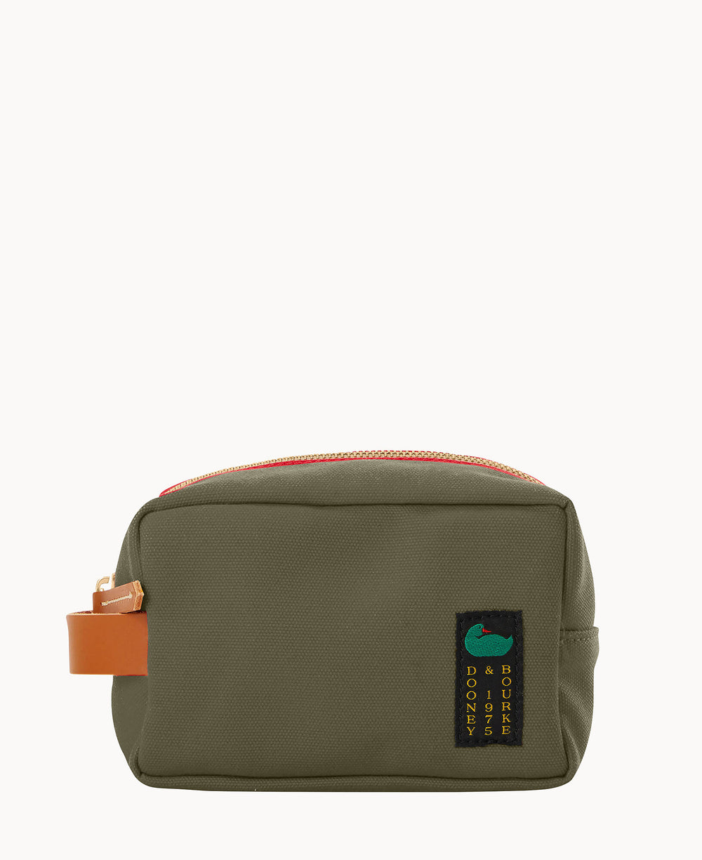 Olive green zippered pouch with a leather strap on the left side and a rectangular logo patch on the front reading Dooney & Bourke 1975 with a duck graphic.