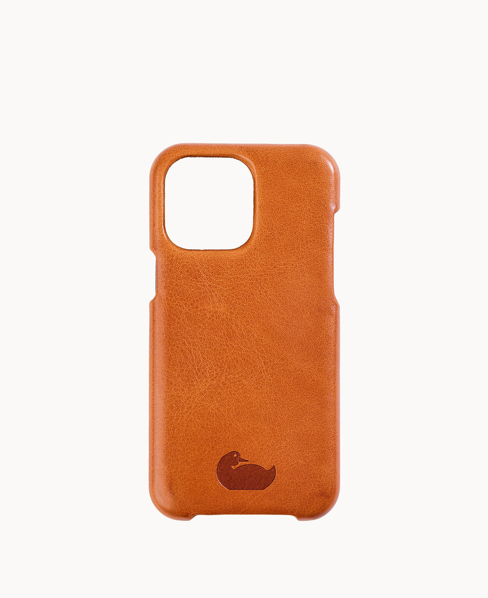 Brown leather phone case with a large rectangular camera cutout and a small embossed duck logo at the bottom center, displayed on a plain white background.