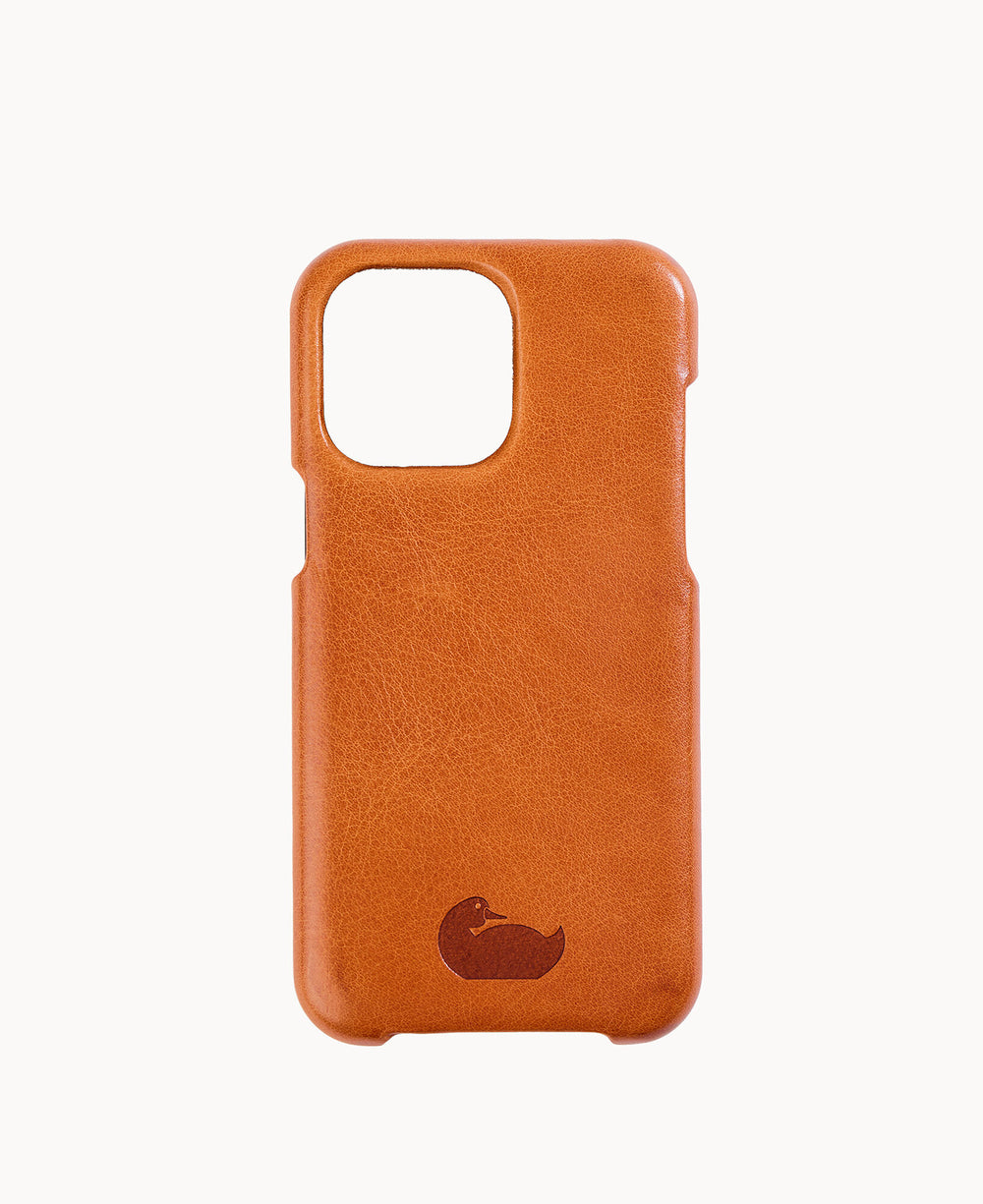 A brown leather phone case with a cutout for the camera and a small embossed duck design at the bottom center, displayed against a plain white background.