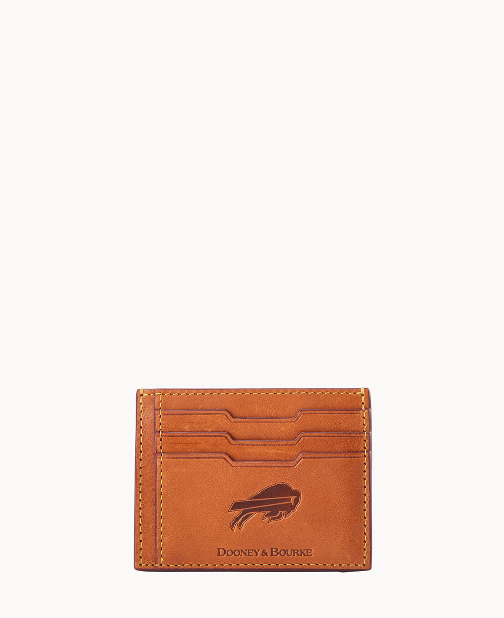 A tan leather card holder with multiple card slots, featuring an embossed buffalo logo and the brand name Dooney & Bourke on the front. The background is plain and white.