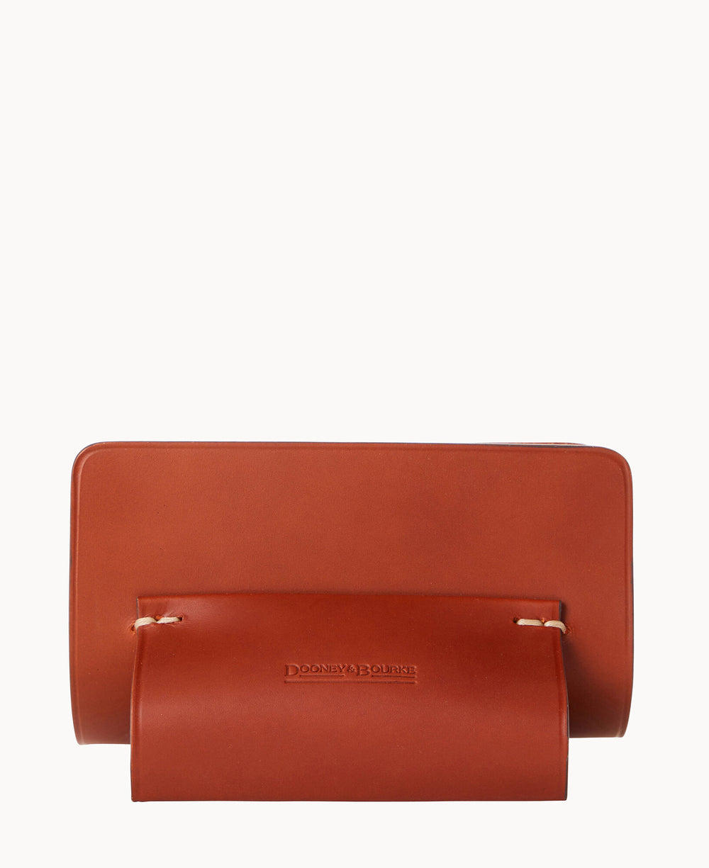 A brown leather clutch purse with a flap closure and the Dooney & Bourke logo embossed on the front, displayed against a plain white background.