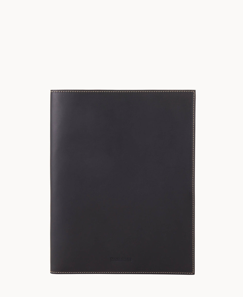 A closed, black leather folder or portfolio with visible white stitching along the edges, displayed against a plain white background.