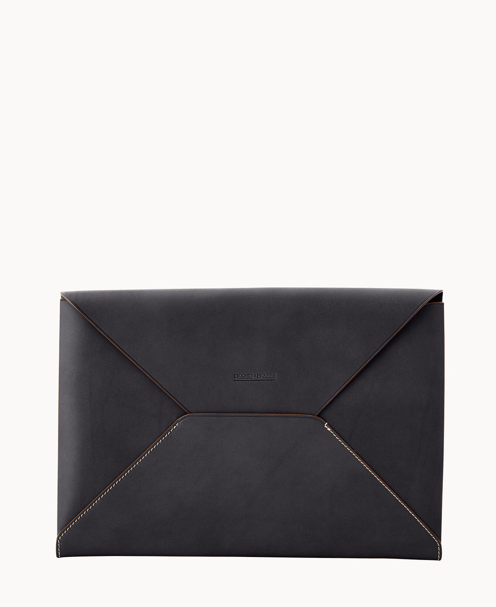 A minimalist black leather envelope-style laptop sleeve with subtle stitching and a small embossed logo in the center. The sleeve is photographed against a plain white background.