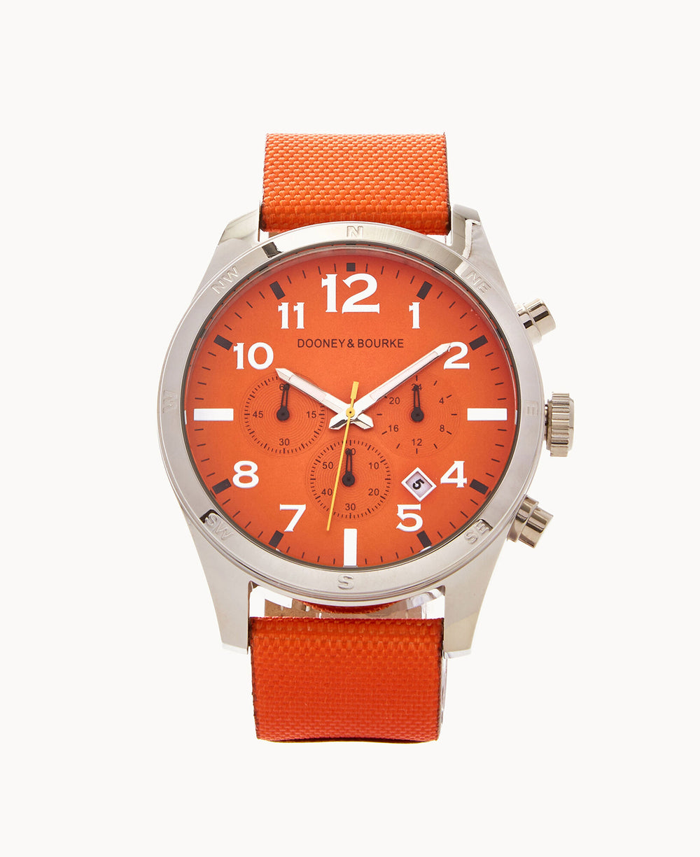 Orange sports chronograph watch by Dooney & Bourke with stainless steel case and canvas band
