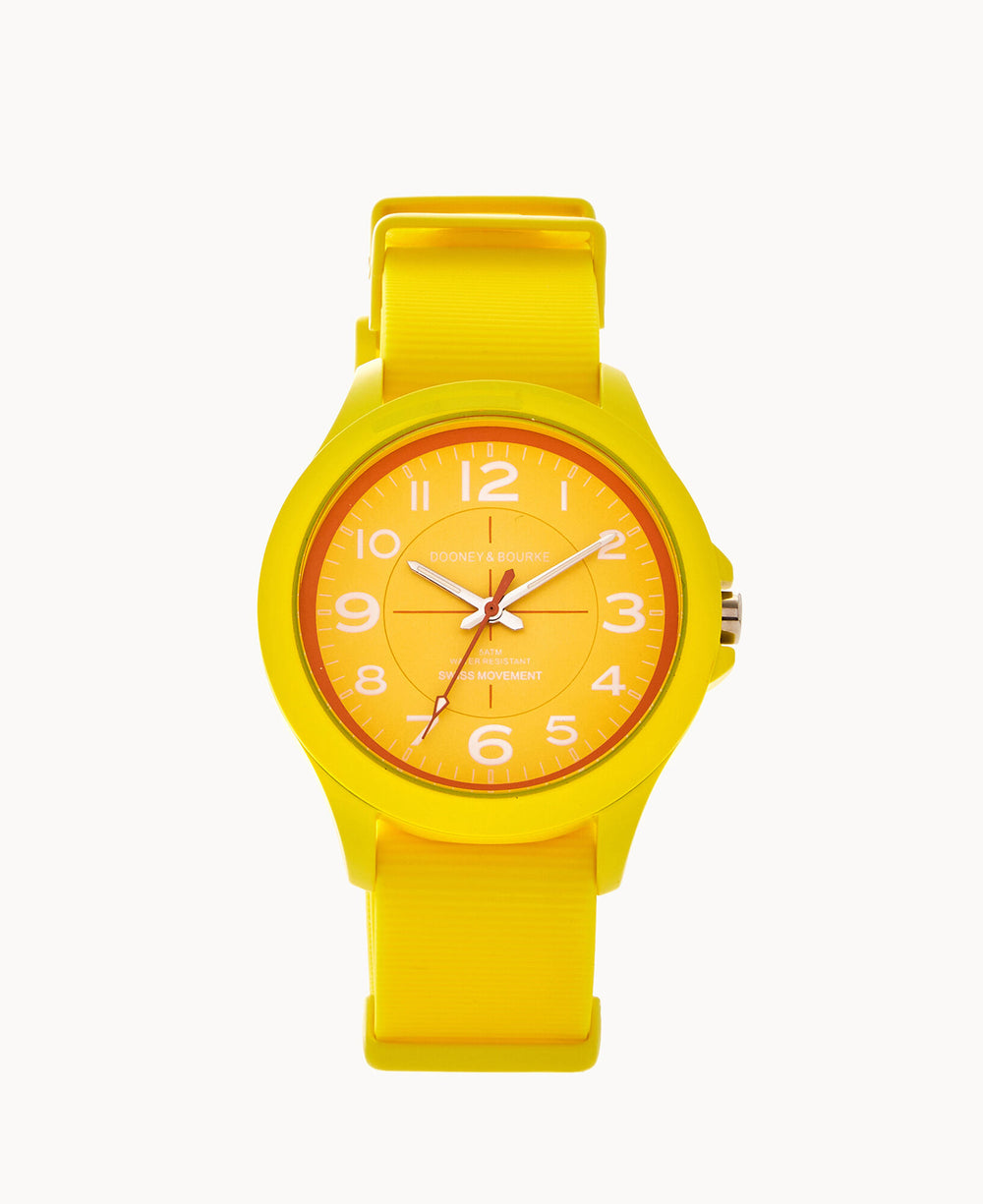 A bright yellow wristwatch with an orange face, white hour markers and numbers, and a yellow band, displayed against a plain white background.
