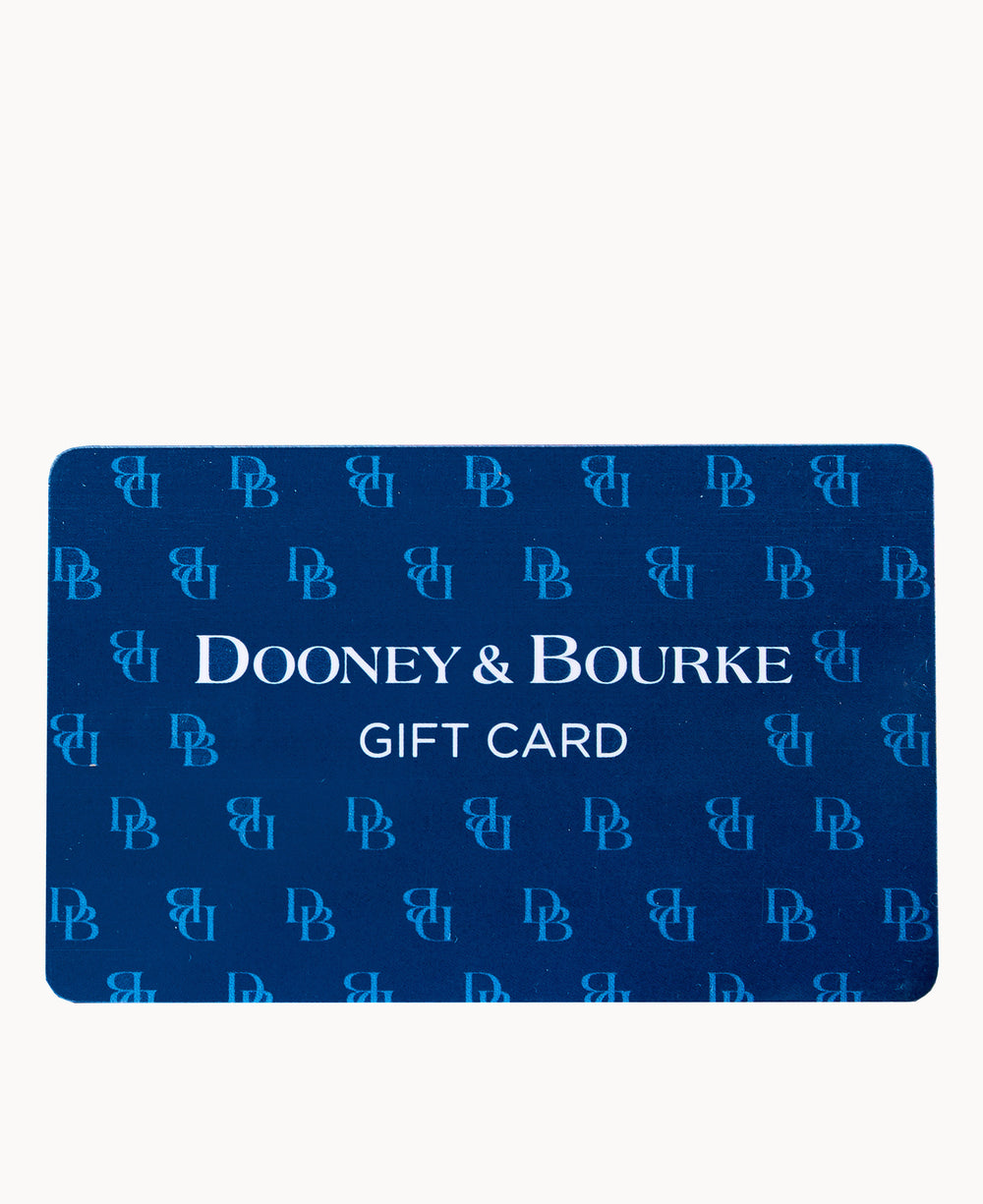 A blue Dooney & Bourke gift card featuring the brands logo pattern in light blue and white text that reads Dooney & Bourke Gift Card on the front.