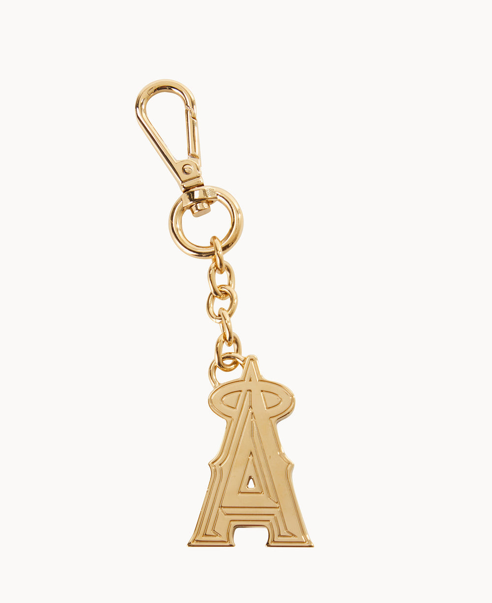 Gold keychain with a lobster clasp and a charm shaped like the letter A with a halo on top, resembling the Los Angeles Angels baseball team logo, on a white background.