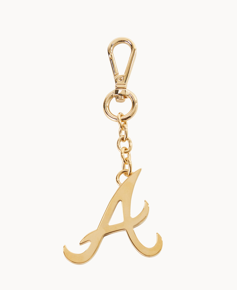 Gold keychain featuring a large, stylized letter A charm attached to a small chain and a lobster clasp against a plain white background.