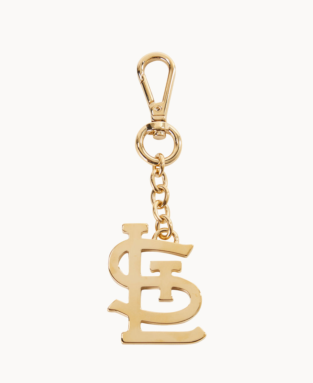 A gold keychain with interlocking initials S and L in a stylized font, attached to a gold lobster clasp and short chain, shown on a plain white background.