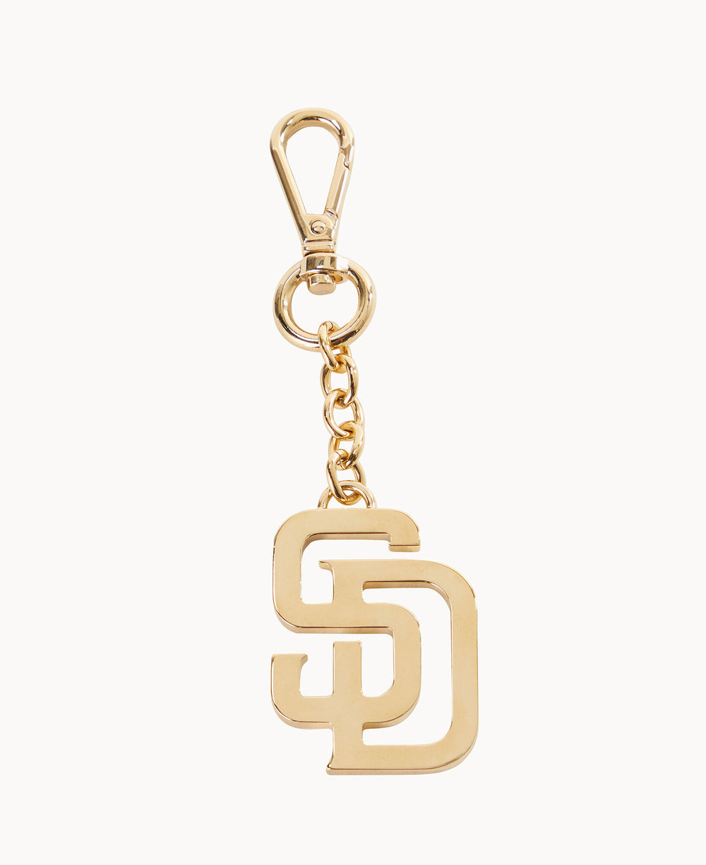 Gold keychain with an interlocking SD logo charm, attached to a small chain and clasp. The design is simple and shiny, photographed on a white background.
