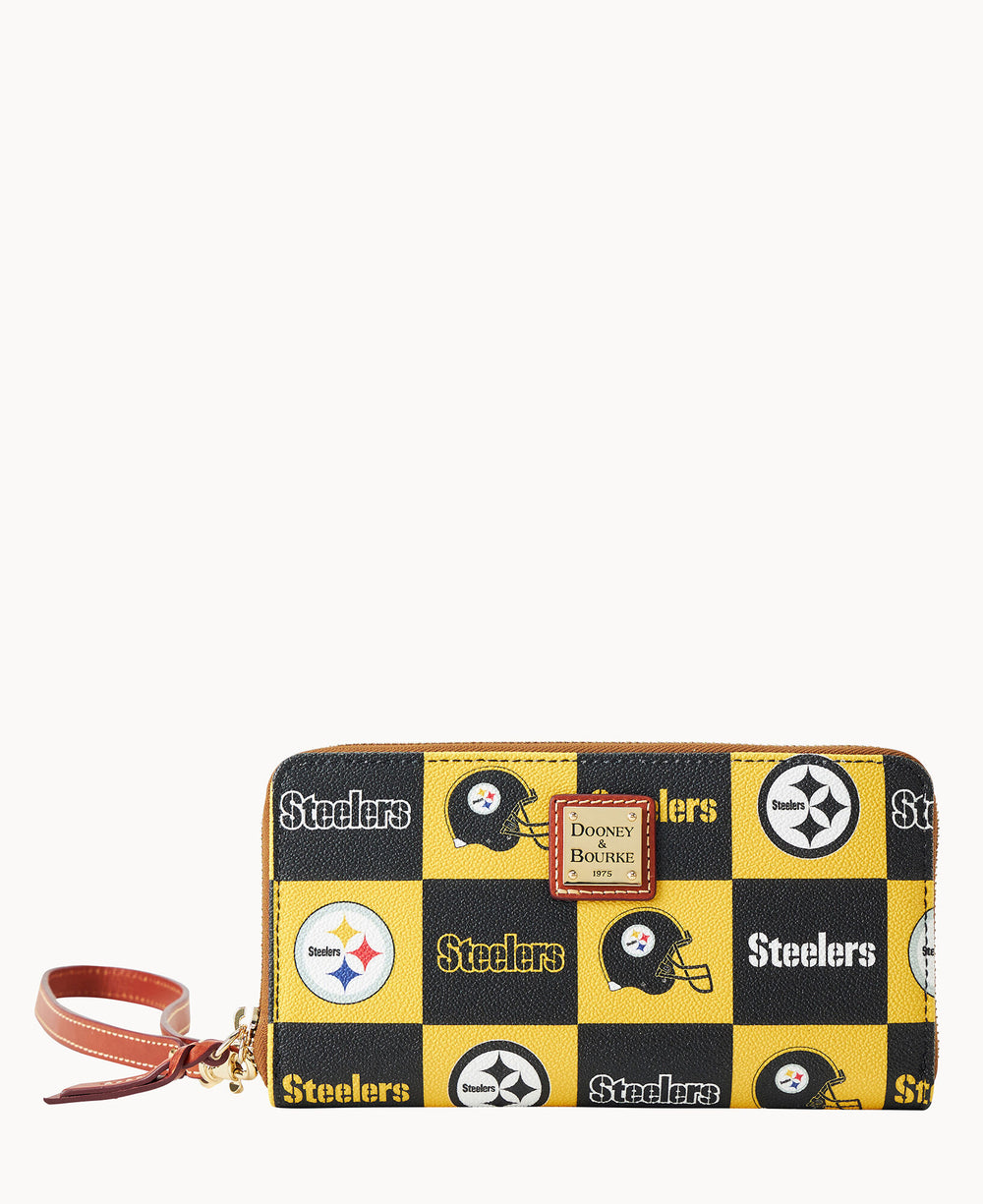 Black and yellow checkered Pittsburgh Steelers wallet featuring team logos and helmets with leather wristlet strap