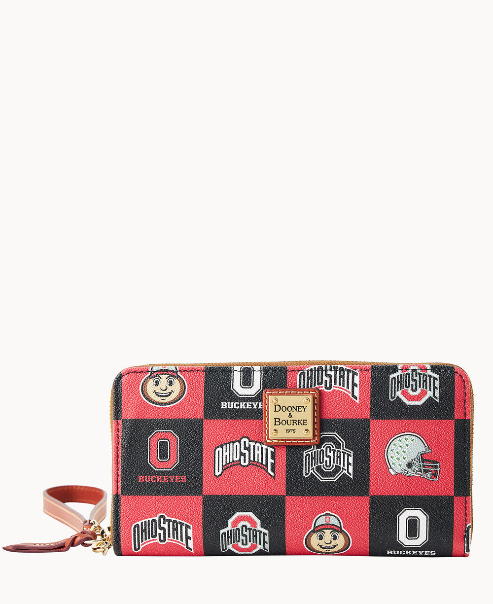 A red and black checkered Dooney & Bourke wristlet wallet featuring Ohio State Buckeyes logos, mascots, and the word BUCKEYES in various squares. The wallet has a tan leather strap and gold zipper.