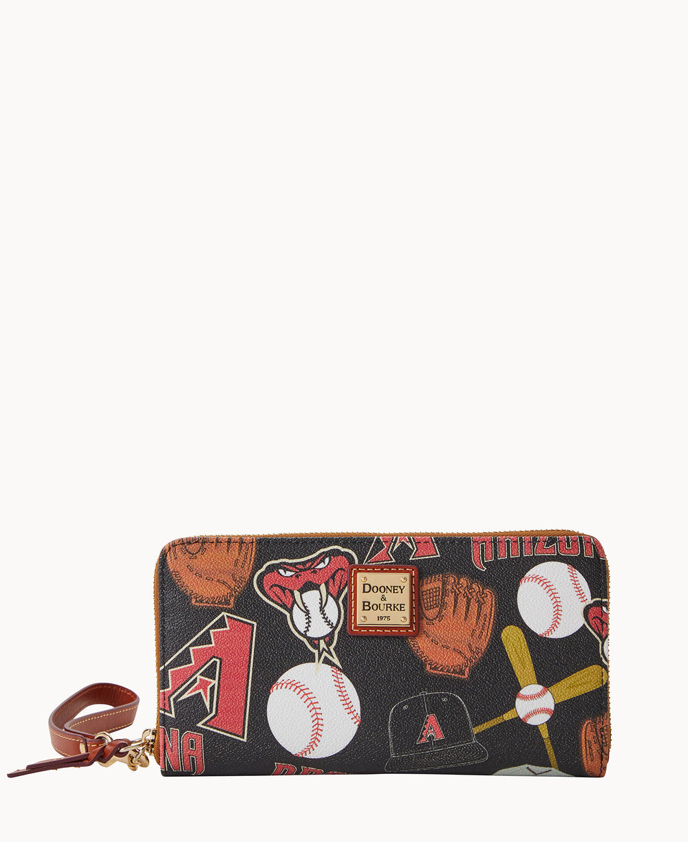 A zippered wallet featuring Arizona Diamondbacks-themed graphics, including baseballs, gloves, bats, team logos, and hats. A gold Dooney & Bourke label is on the front, and a brown leather wrist strap is attached.