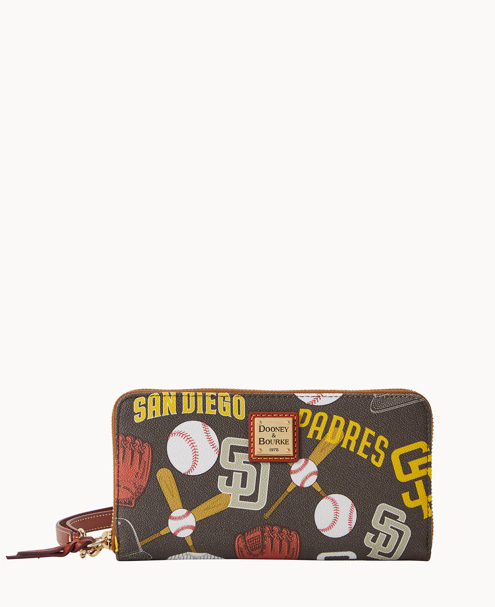 A brown Dooney & Bourke zip wallet featuring San Diego Padres logos, the words San Diego Padres, and illustrations of baseballs, gloves, and bats, with a wrist strap attached.