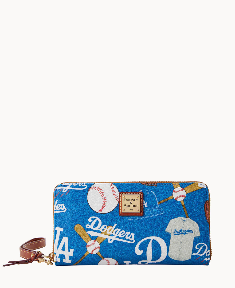 Blue LA Dodgers zip wallet featuring team logos, baseballs, and jerseys with brown leather wristlet