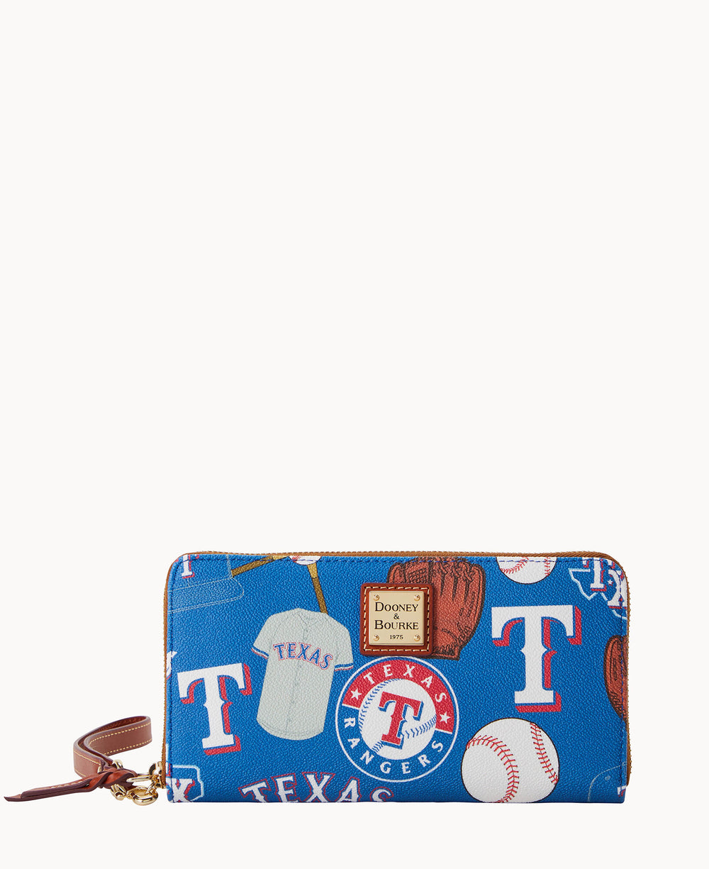 A blue Dooney & Bourke zippered wallet decorated with Texas Rangers logos, baseballs, gloves, jerseys, and caps, featuring a brown wrist strap and a gold logo plate on the front.