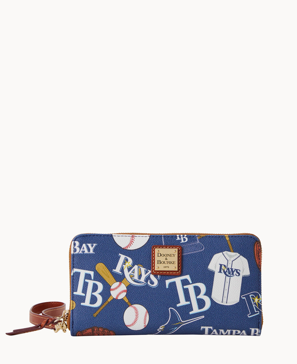 A blue zippered wristlet wallet decorated with Tampa Bay Rays logos, baseballs, bats, gloves, and jerseys, featuring a brown leather strap and a Dooney & Bourke label on the front.