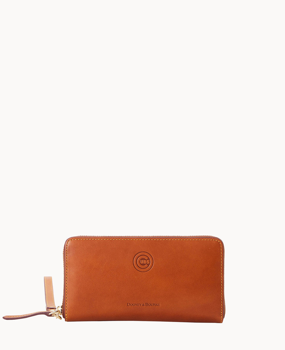 A brown leather zip-around wallet with a wrist strap, gold zipper, and embossed Dooney & Bourke logo on the front, displayed against a plain white background.
