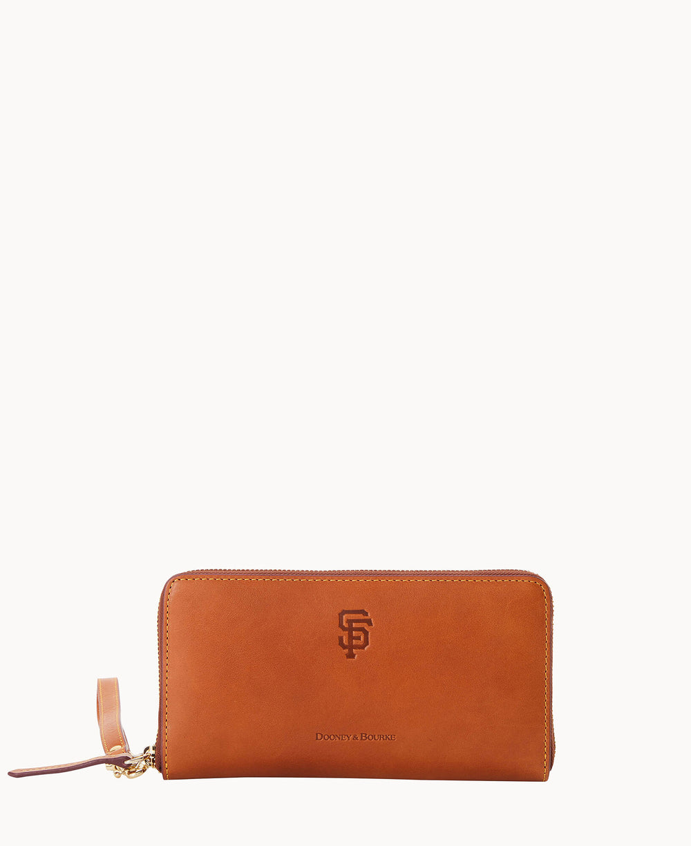 A brown leather zippered wallet with a wrist strap, featuring an embossed SF logo and Dooney & Bourke text on the front, against a plain white background.