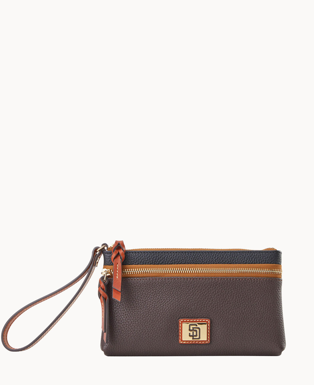 A brown leather wristlet pouch with a gold zipper, brown wrist strap, and a gold square logo plate on the front. The pouch has a textured surface and minimalist design.