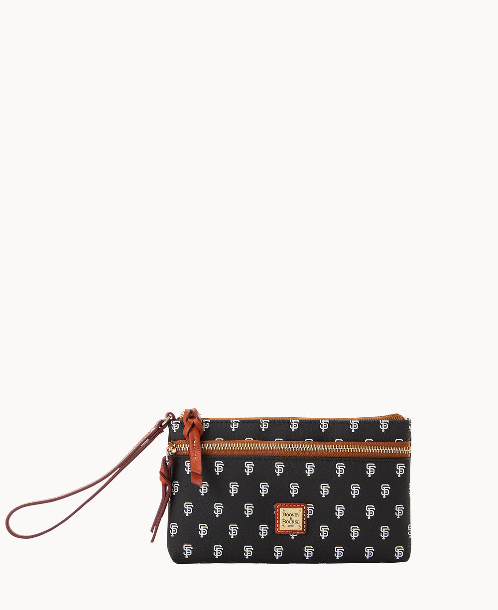 A black wristlet pouch with a brown zipper and strap, featuring a repeating white SF logo pattern and a small rectangular leather brand patch on the front.