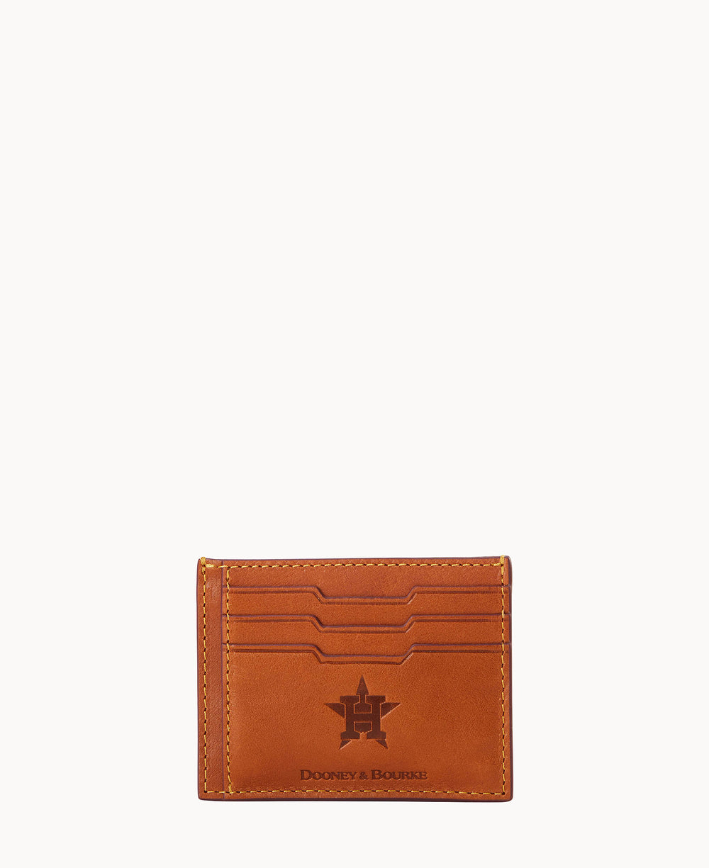 Brown leather card holder with three card slots on each side, an embossed logo featuring a star and a baseball cap, and the brand name Dooney & Bourke below the logo. The background is plain white.