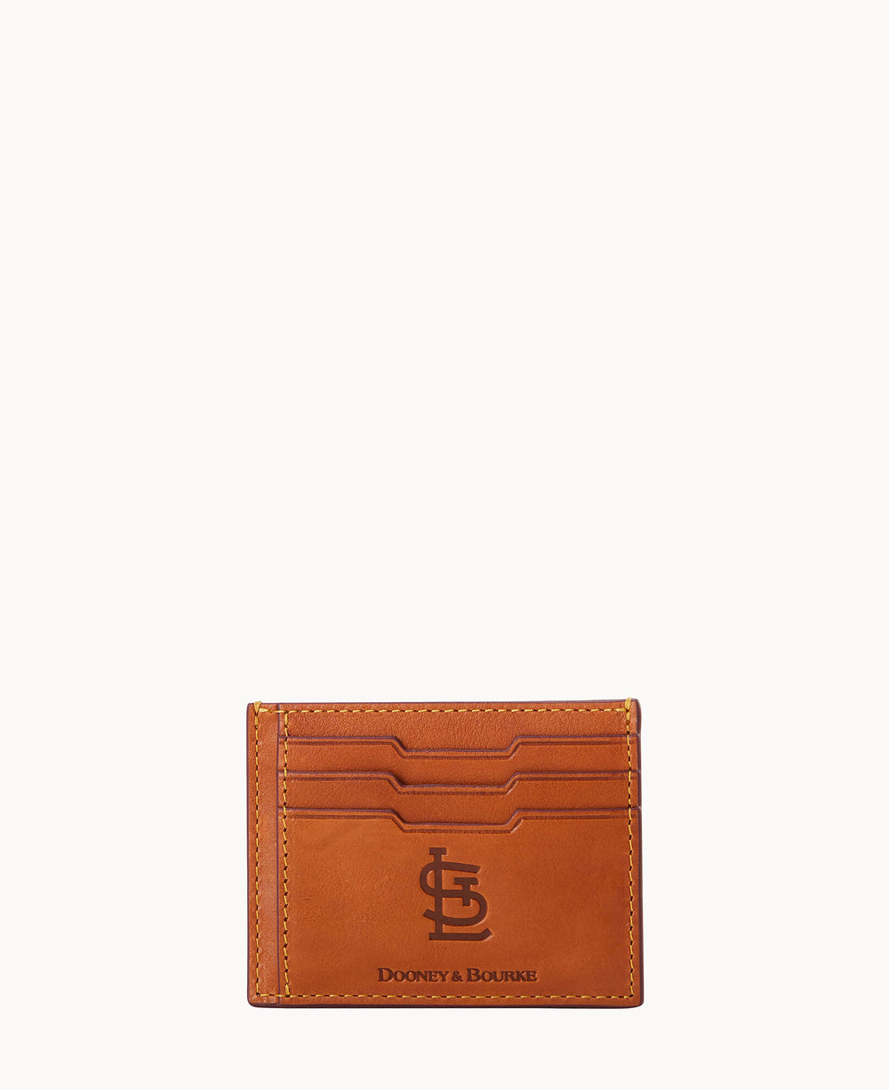 A tan leather Dooney & Bourke cardholder with three card slots, gold stitching, and a St. Louis Cardinals logo embossed on the front.