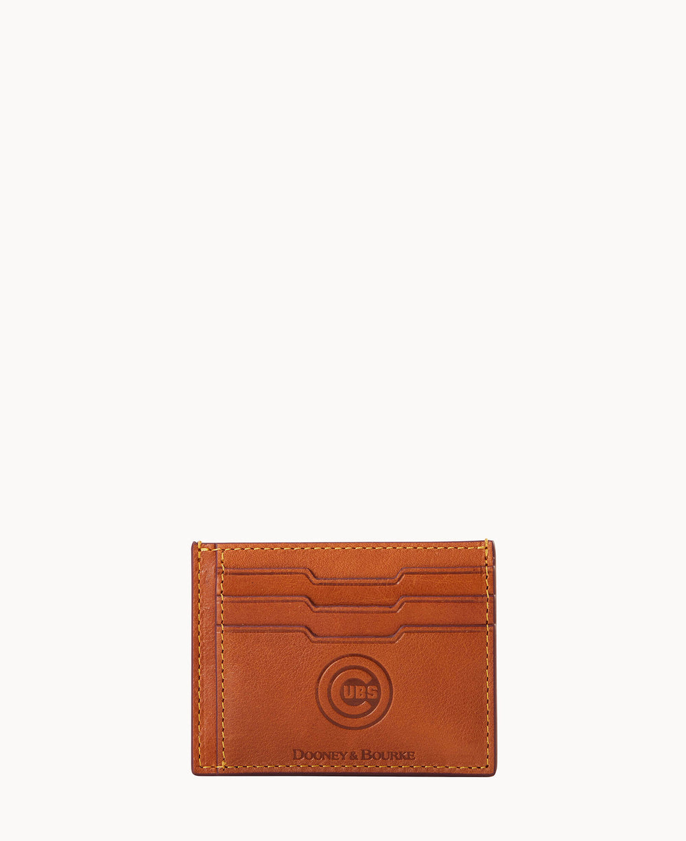 A brown leather card holder with multiple slots, embossed with a circular UBS logo and the brand name Dooney & Bourke below it. The background is plain white.