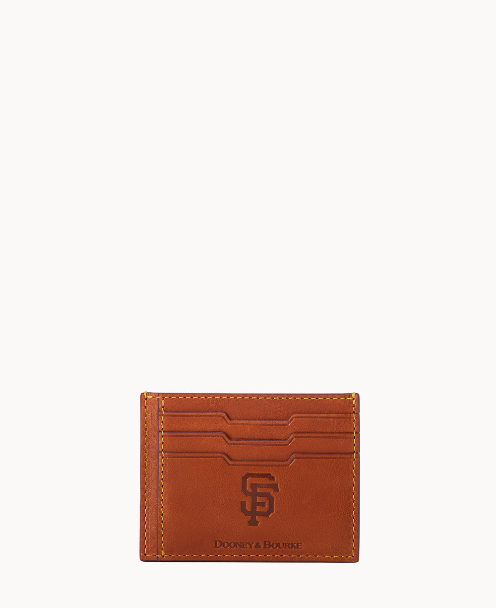 A brown leather cardholder with yellow stitching, featuring the San Francisco Giants logo and Dooney & Bourke embossed on the front. There are multiple card slots visible.