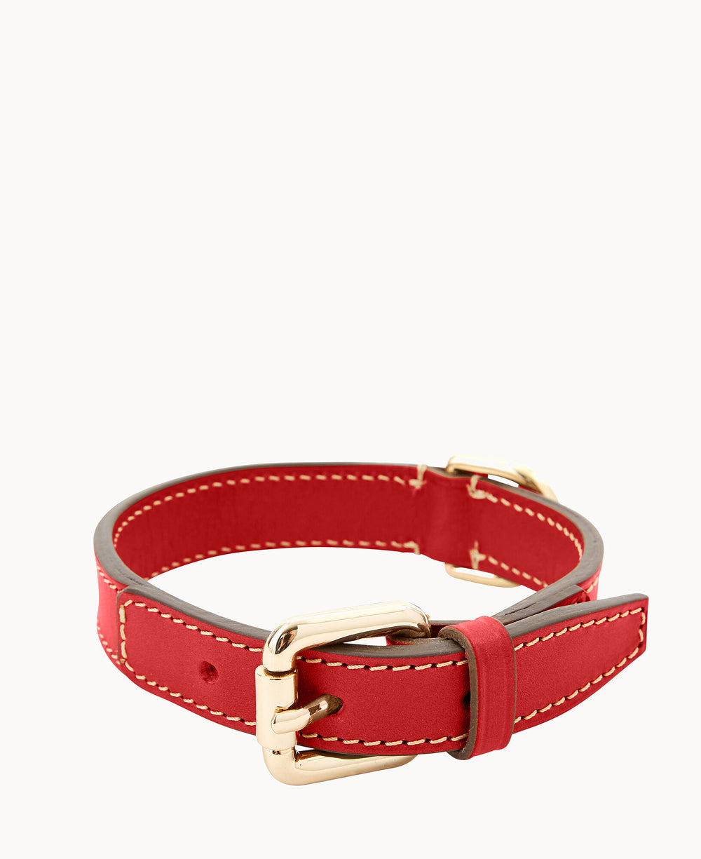 A red leather collar with white stitching and a gold buckle, displayed on a plain white background.