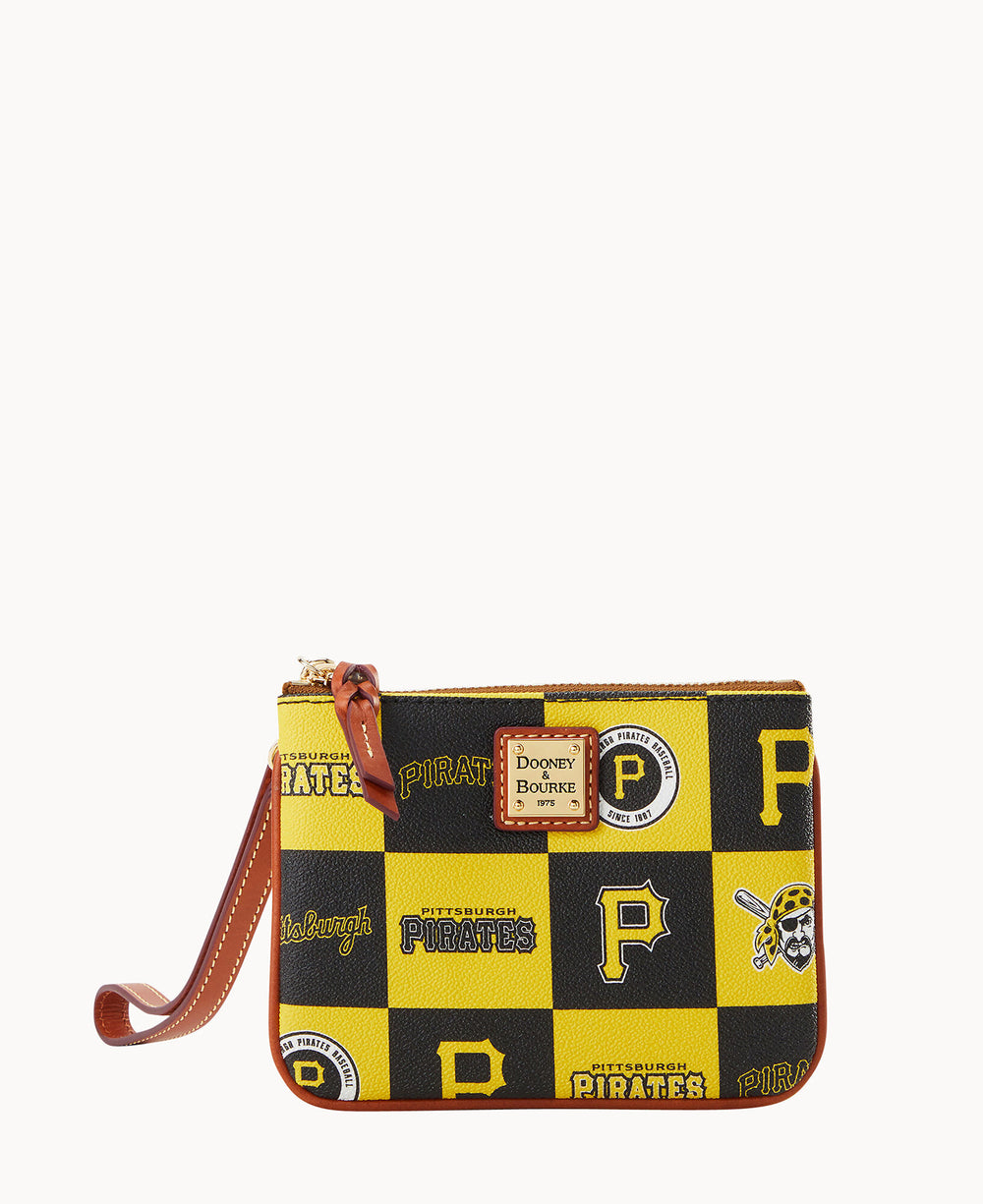 A wristlet purse with a brown strap featuring a yellow and black checkered pattern, Pittsburgh Pirates logos, text, and baseball-themed graphics. The Dooney & Bourke logo is on a leather patch near the zipper.