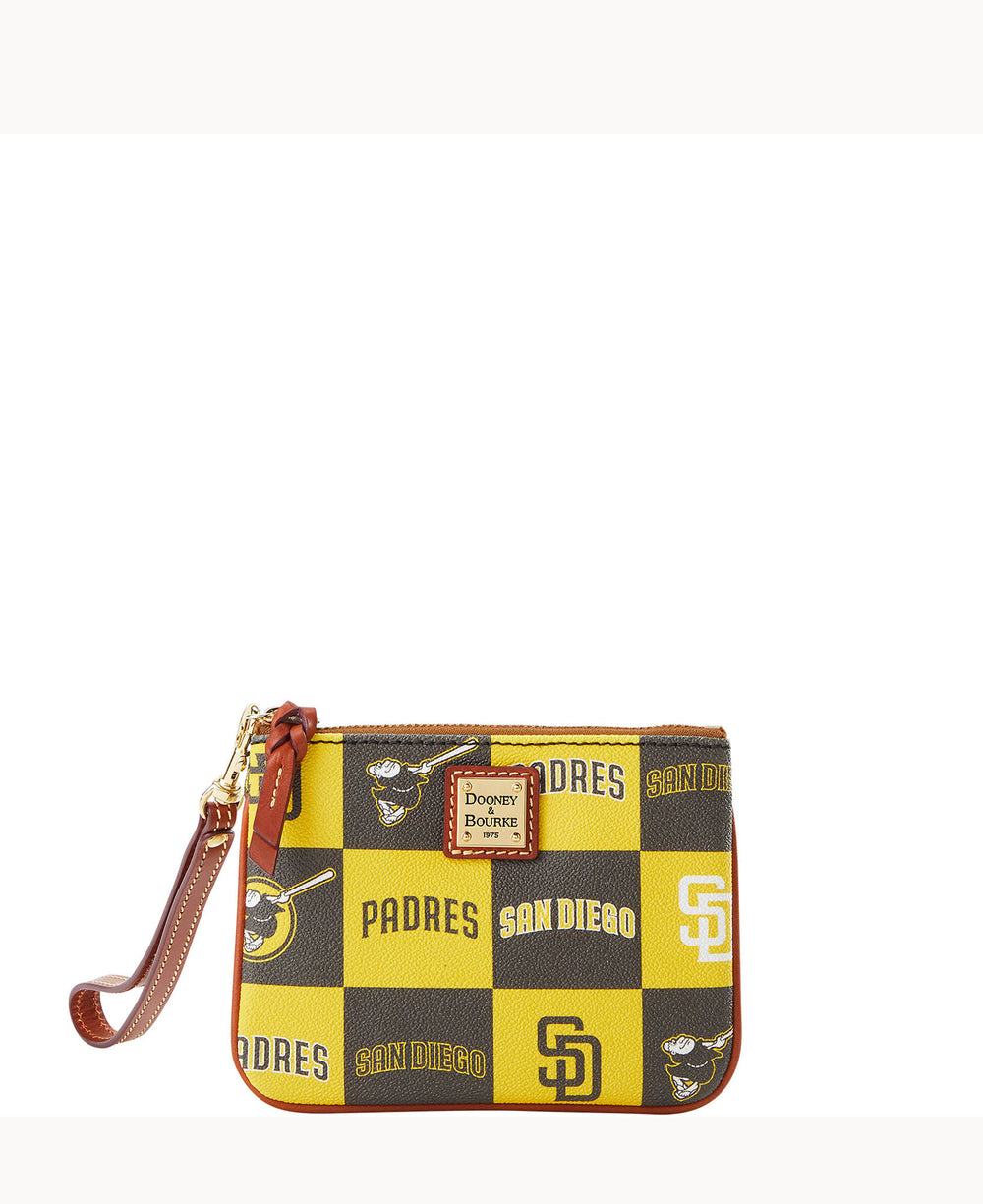 A small wristlet pouch featuring a yellow and brown San Diego Padres patchwork design with team logos, PADRES, and SAN DIEGO text. The pouch has a zipper closure, gold hardware, and a brown leather trim and strap.