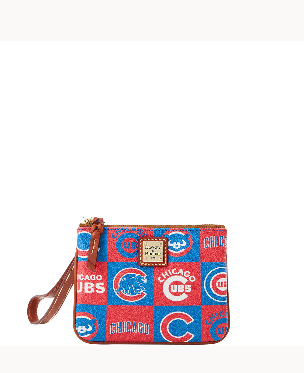 A small wristlet purse with a red and blue Chicago Cubs pattern, featuring the Cubs logo and team name. The purse has a brown leather strap and trim, with a gold Dooney & Bourke logo plate on the front.
