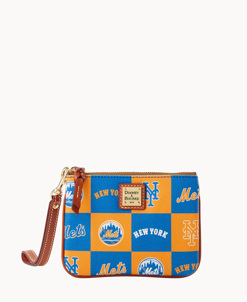 A small wristlet pouch with a brown leather strap, featuring a blue and orange checkerboard pattern and New York Mets logos. The pouch has a Dooney & Bourke label on the front.