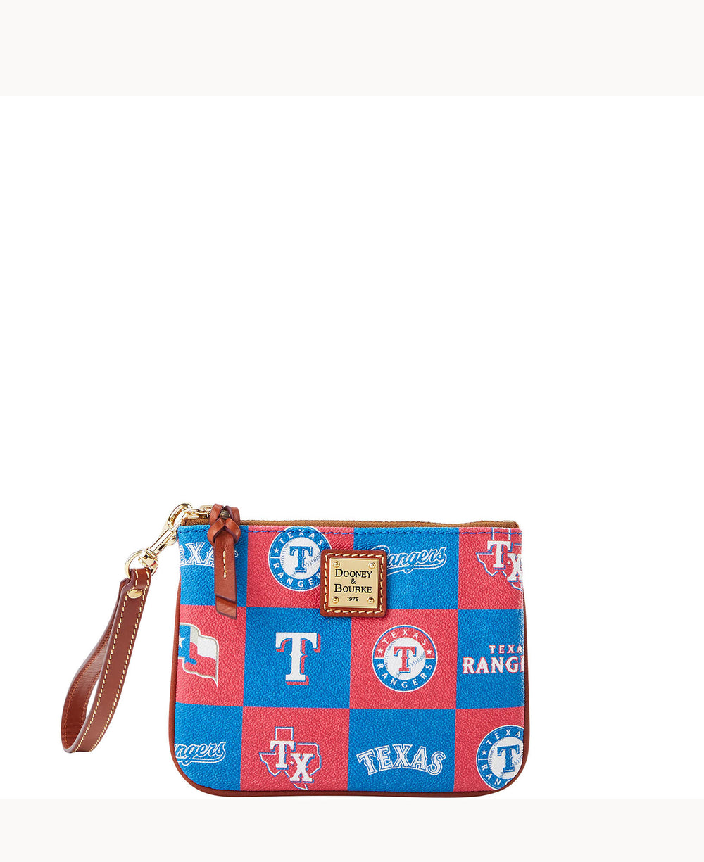A small wristlet pouch with a brown leather strap, featuring a red, white, and blue Texas Rangers patchwork design and a gold Dooney & Bourke label on the front.