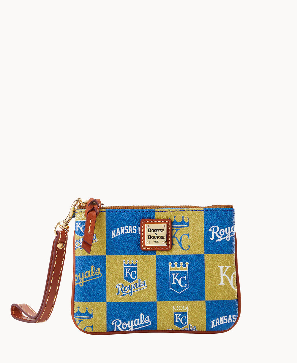 A small wristlet pouch with a Dooney & Bourke logo and Kansas City Royals designs in blue and gold checkerboard pattern, featuring Royals logos and text. The pouch has a brown leather trim and wrist strap.