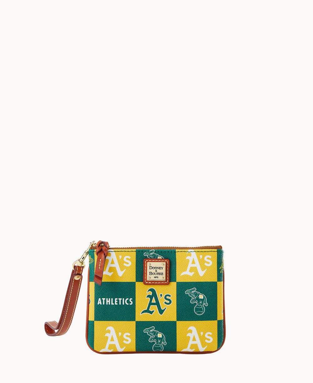 A small wristlet pouch with a green and yellow checkered pattern, featuring the Oakland Athletics As logo, mascot, and ATHLETICS text. The pouch has a brown leather strap and gold zipper.