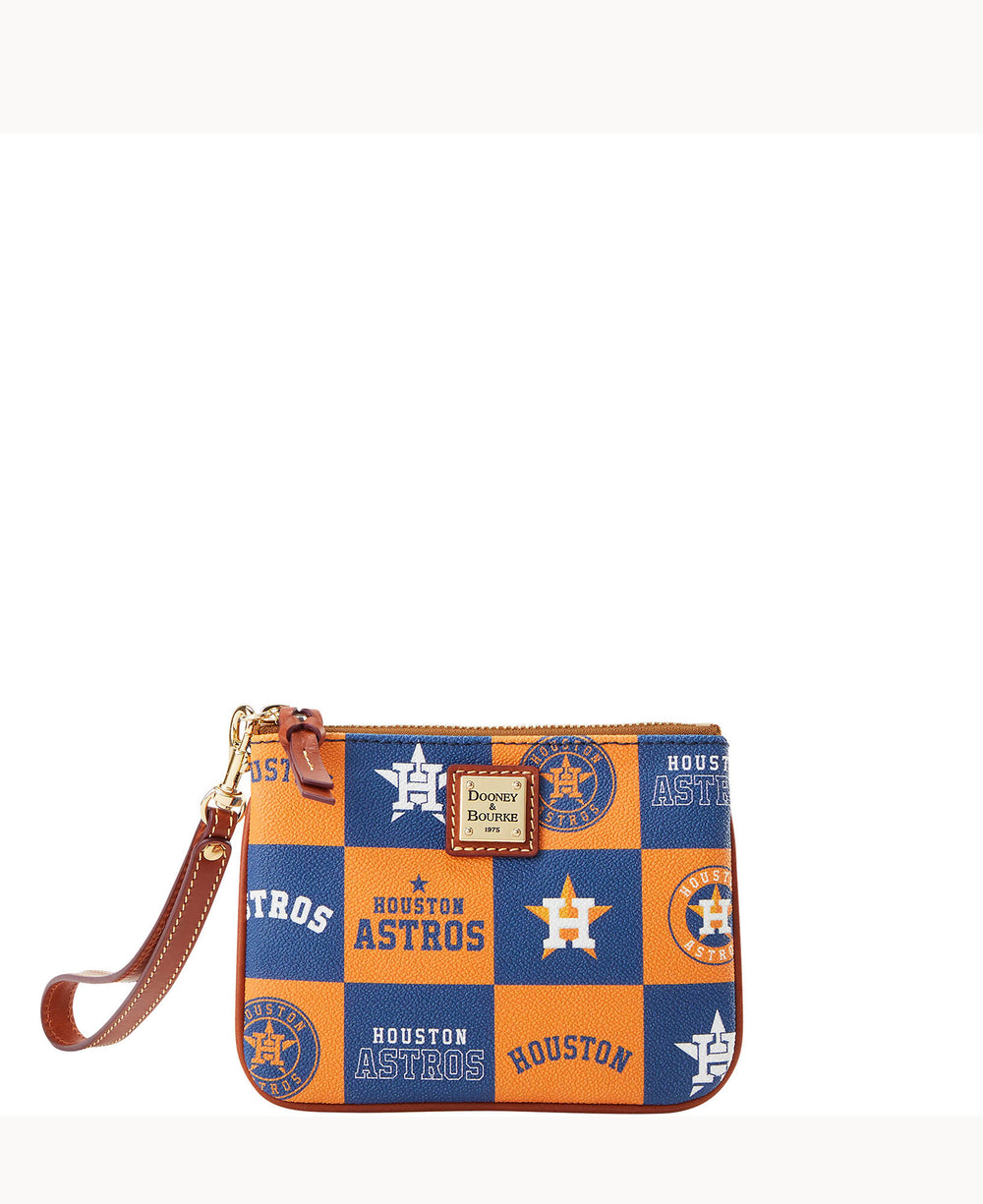 A small wristlet pouch featuring a blue and orange checkered pattern with various Houston Astros logos and the Dooney & Bourke label, and a brown leather strap attached.