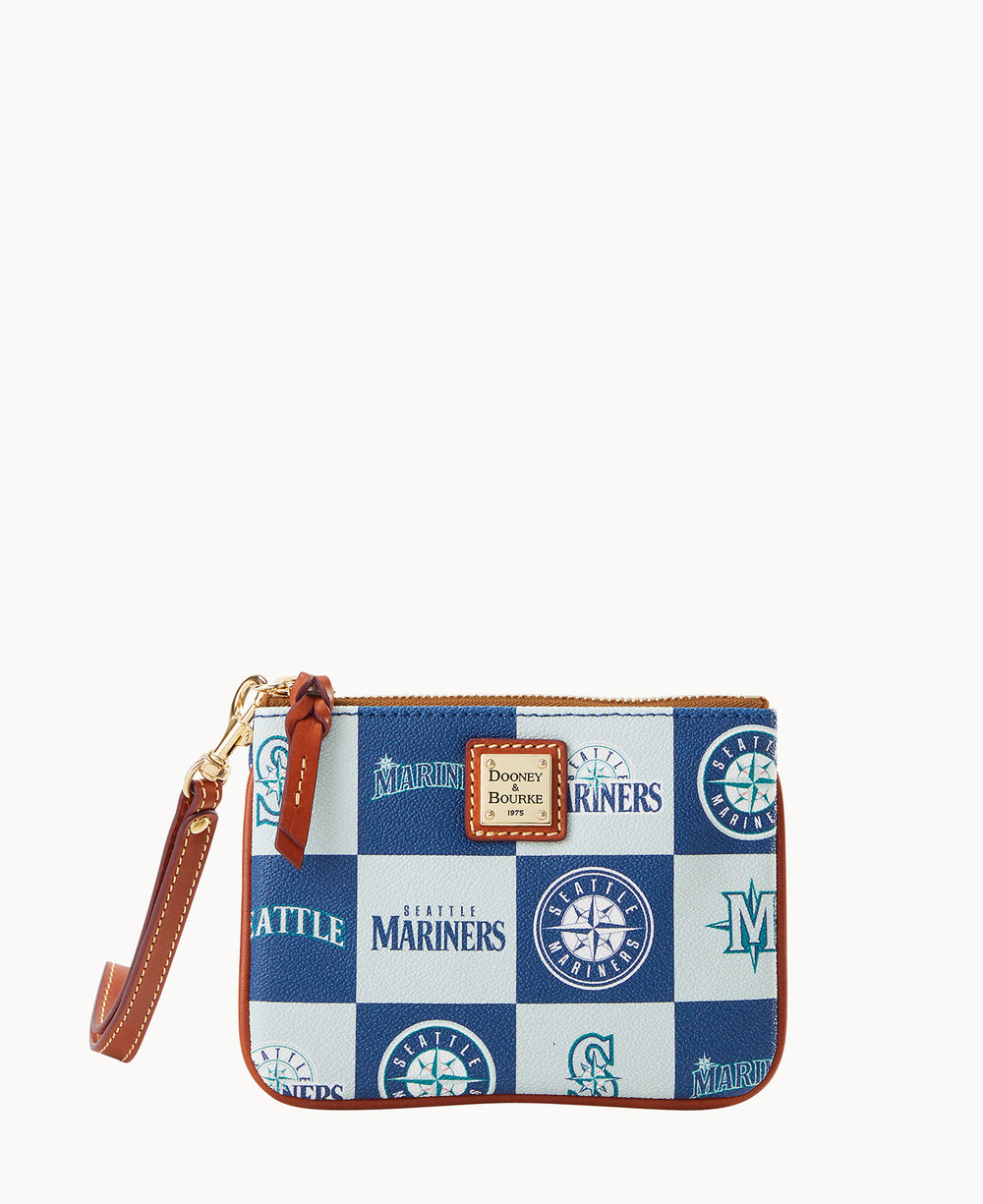 A small Dooney & Bourke wristlet with a brown leather strap, featuring a blue and white checkered pattern with various Seattle Mariners logos and a front leather logo patch.